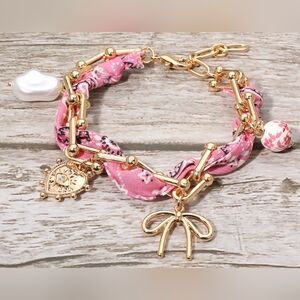Boho Heart Bow Pearl Evil Eye Charm Station Hardware Chain Fabric Bracelet